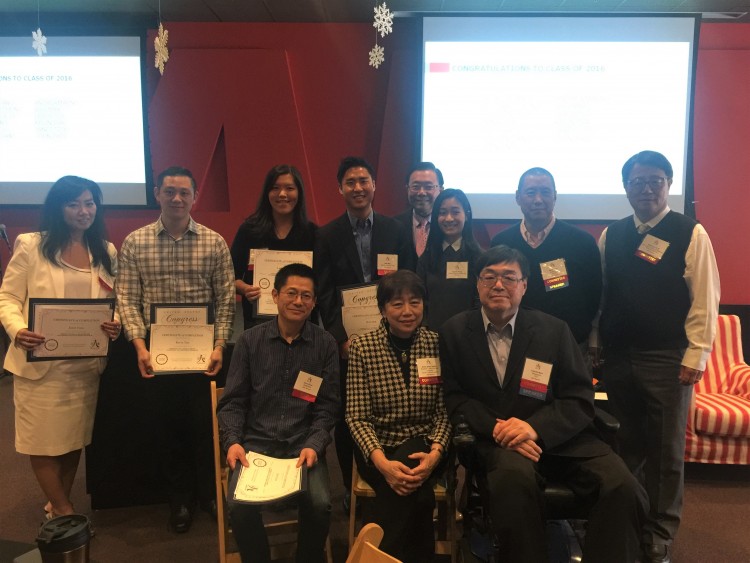 From left to right (back row): LMP mentees Janet Tzou, Kevin Tsai, Leslie Toy, Will Mak, C100 member Stewart Kwoh, Field Representative for the Office of Congressman Ed. Royce, Lauren Pong, C100 members Brian Sun and Edmond H. Pi  (Front row): LMP mentee John Zhou, C100 members Anne Shen Smith and Charlie Woo